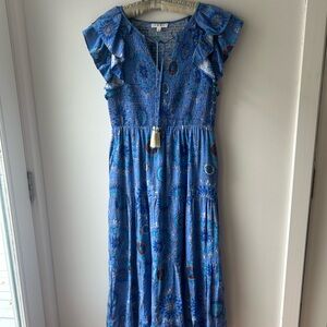 THML Blue and White Pleated Ruffle Sundress